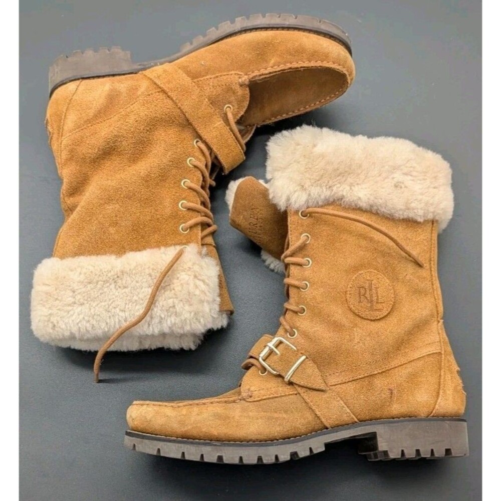 Ralph Lauren Womens Leather Winter Boots Australian Fur Size 9.5 B Zabby